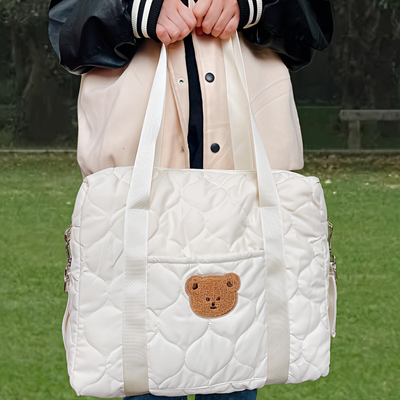 customer   bear themed mommy tote bag stroller compatible diaper bottle organizer portable travel accessory for   polyester white black details 1