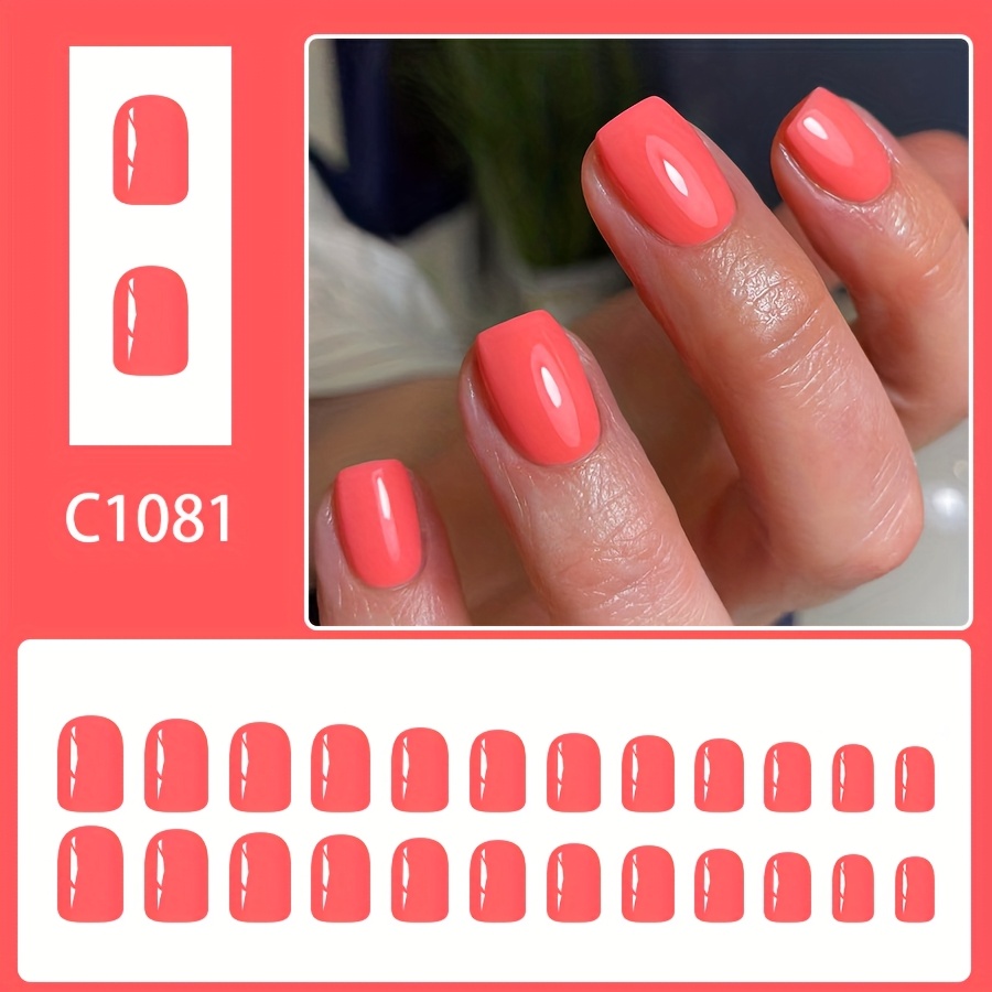 TEMU 24pcs Short Glossy Square Press-on Solid Color Fake Nails, Western Minimalist Shui Peach All-match Sweet Removable Nail Tips, Suitable For Women