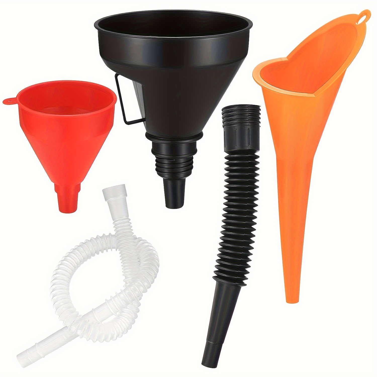 

5pcs Automotive Funnels Set, Wide Mouth Fuel Funnels, Plastic Long Neck Oil Funnels, Flexible Right Angle Funnels, With Detachable Spout