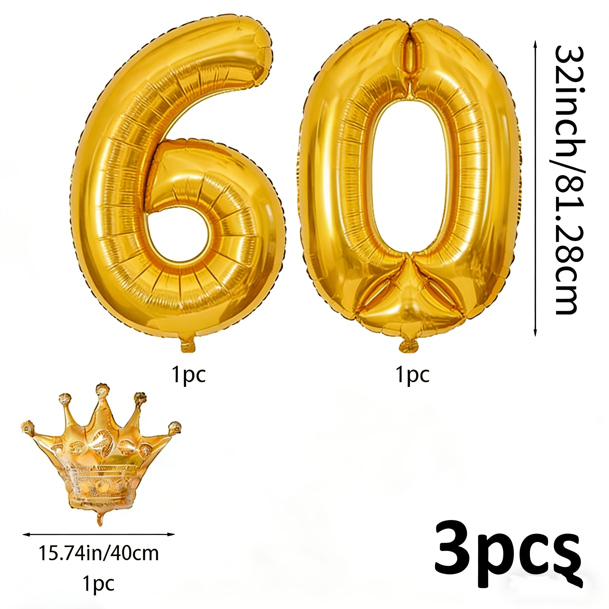 Image of 3pcs 32inch 60th Birthday Anniversary Balloon Set, Number 6 And 0 Balloons With Mini Crown Balloon, Glossy Decoration Balloons For 60th Birthday Party Anniversary Retirement Celebration Event Decor