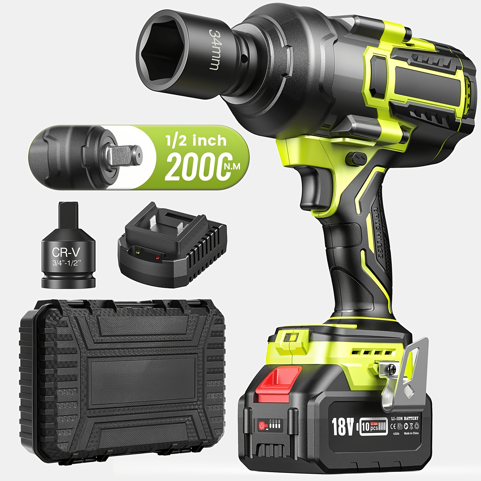 Image of Robustrue 2000nm Brushless Impact Wrench Kit | 1500 Ft-lbs High Torque, 4.0ah Fast-charging Battery And Industrial Socket Set | Heavy-duty Truck/trailer Agriculture | Industrial-grade Rust Removal