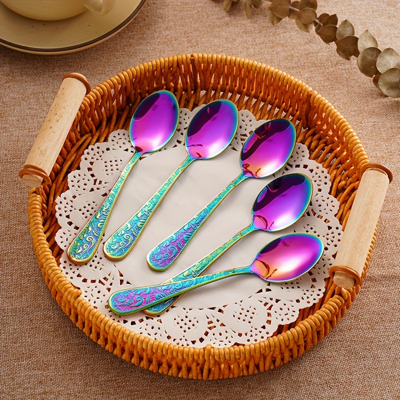 

5pcs Vintage Floral Set - Luxury Stainless Steel Dessert & Espresso Spoons, Mirror Polished, Dishwasher Safe - Christmas, Thanksgiving, Weddings, Birthdays, Best For Christmas, Thanksgiving