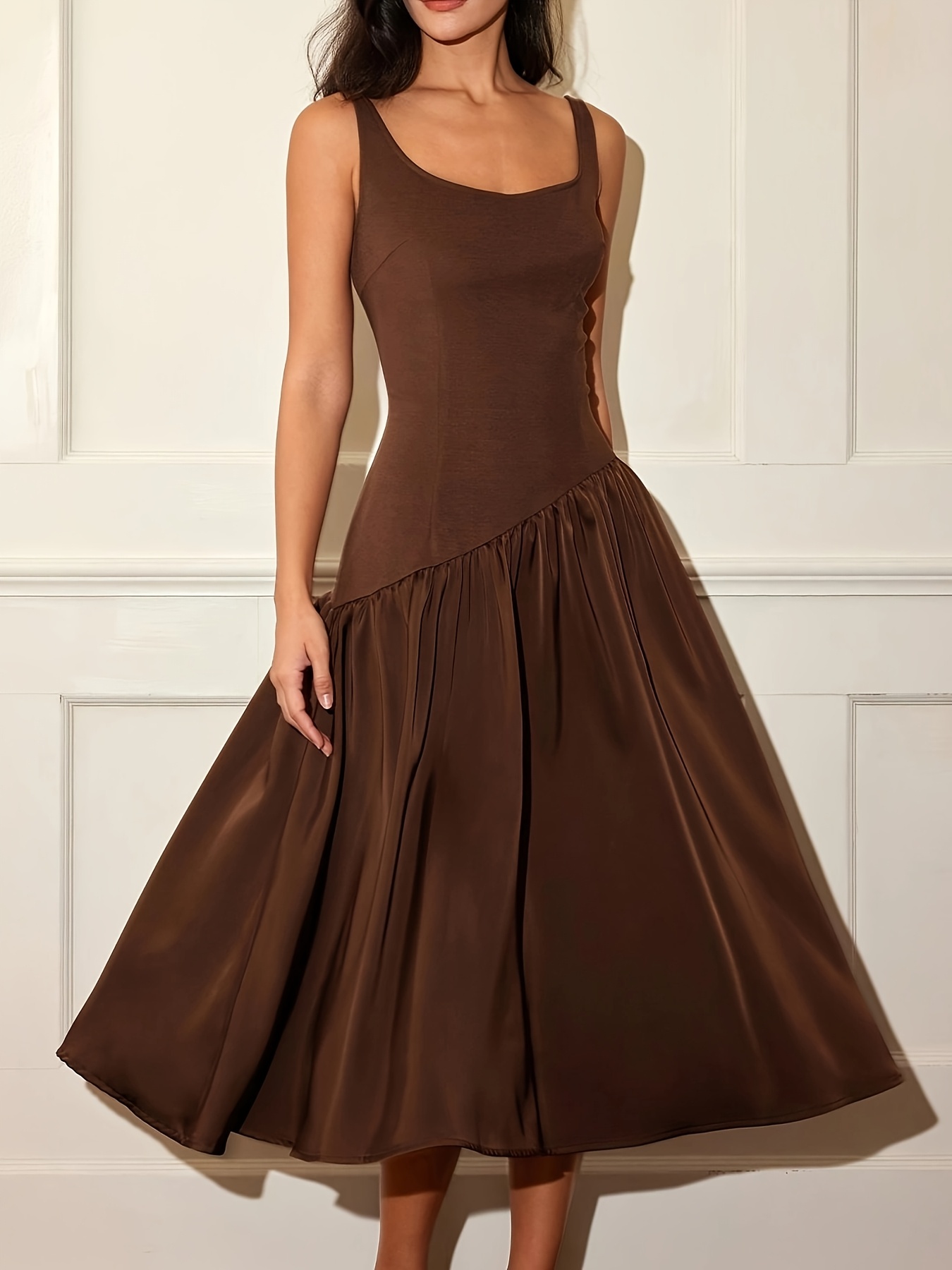 ladies fashion solid color elegant pleated a line dress - Temu