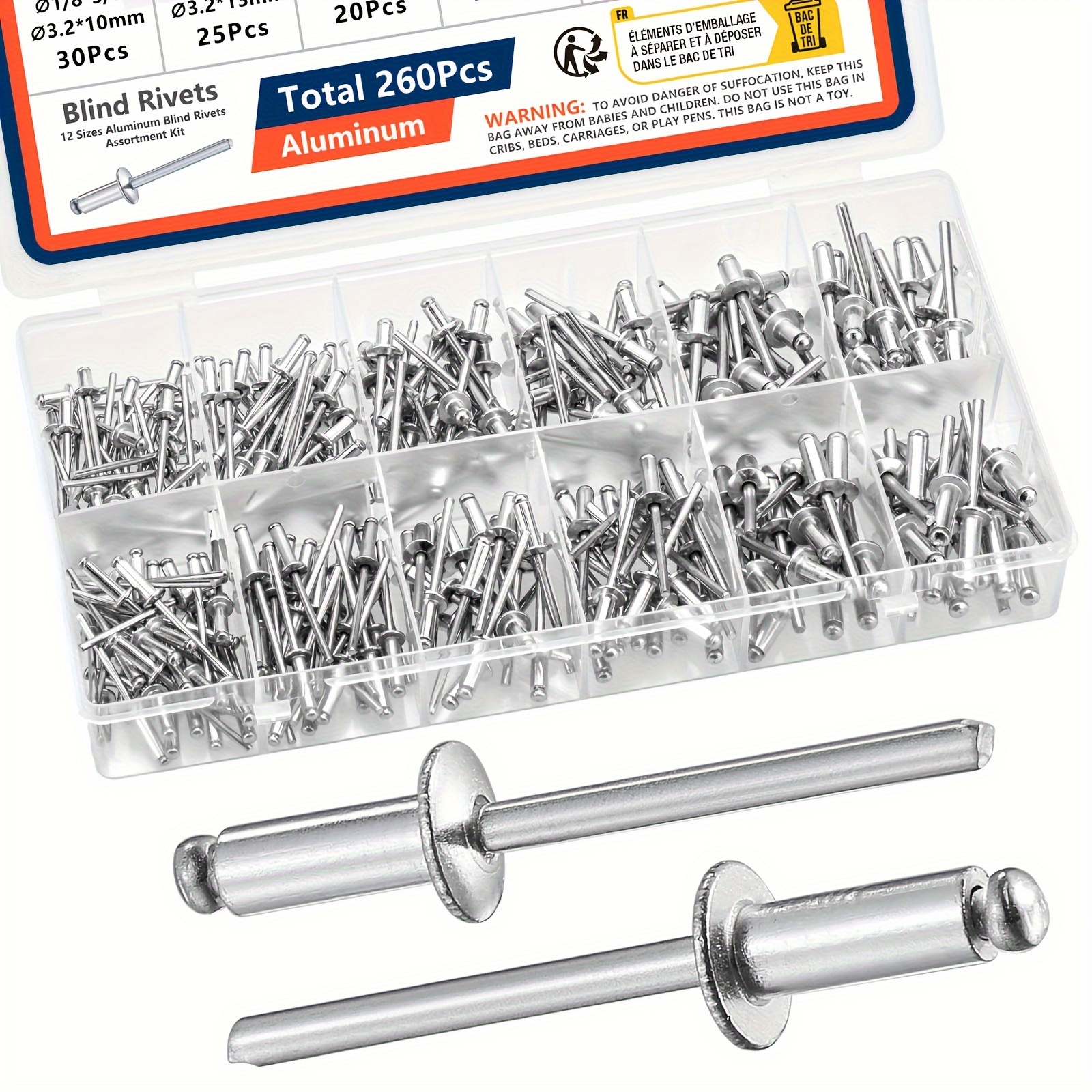 

Pop Rivets Assortment Kit, 12 Sae Sizes Aluminum Blind Rivets ( 1/8" 5/32" 3/16" ), Assorted Blind Rivets For Metal - Furniture - Automotive - Instruments Rivets Set