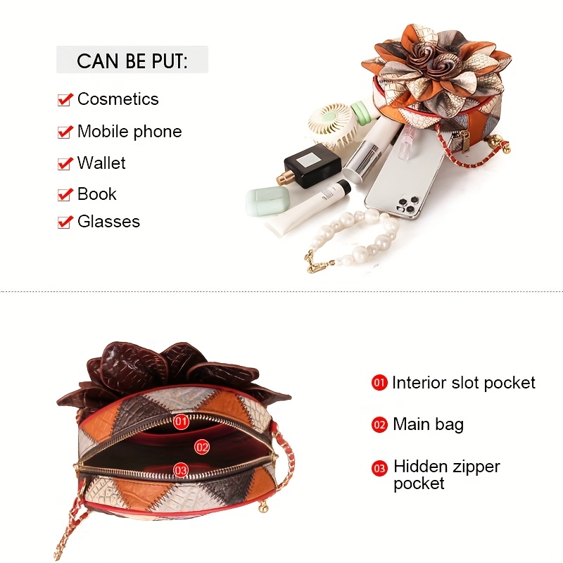 Genuine Leather Flower Crossbody Bag for Women - Vintage Style, Adjustable Strap, Zipper Closure, Polyester Lining, Crocodile Pattern, Mixed Colors, Elegant Accessory for Casual or Formal Occasions, Versatile Crossbody Bag | Vintage Floral Bag | Genuine Leather Bag, Purse Crossbody