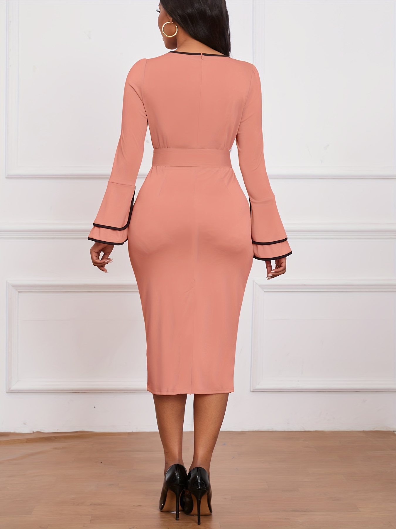 Autumn And Winter Women'S Round Neck Dress, Easy Fashion Flared Sleeve with Belt to Modify The Waist, Suitable for Formal Occasions