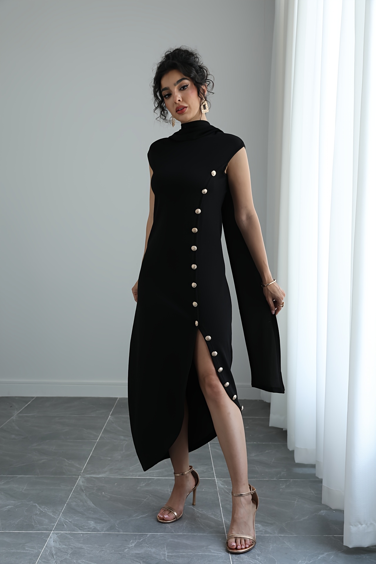 black dress with polka dot sleeves RIXO Amari Silk Midi Mini Polka Dot Black