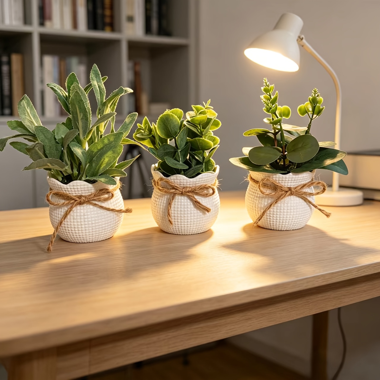 3pcs Compact Artificial Eucalyptus Potted Plants, In White Ceramic Pots And Tied With Yellow Hemp Rope, Embodying A Rustic Home Decor Style