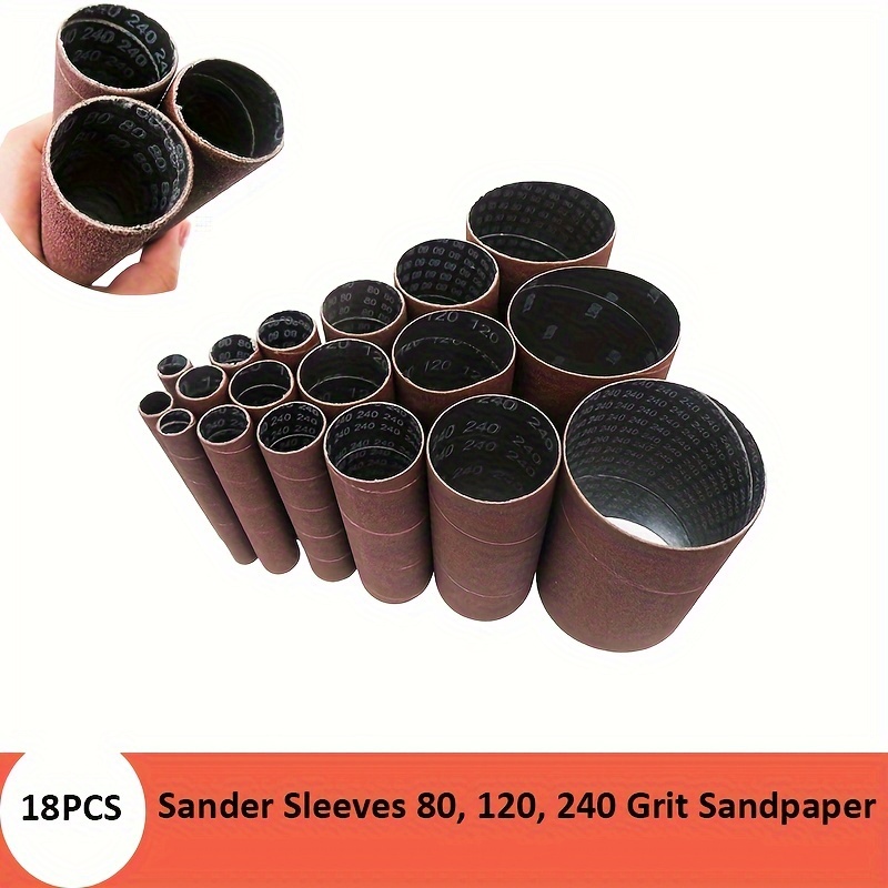 

18pcs Spindle Sander Sleeves Set, 80/120/240 Grit Sanding Tubes, Aluminum Oxide Sandpaper For Metal Woodworking Polishing, Medium Grit Material - Paper Construction