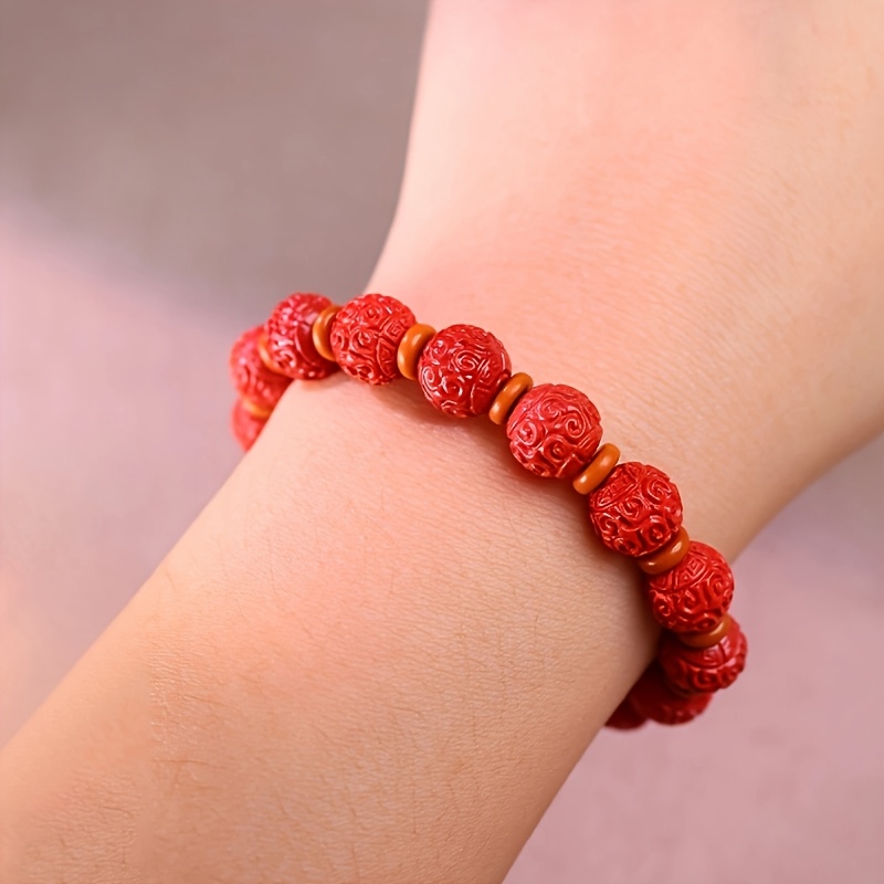 Cinnabar Stone Beaded Bracelet Women 9 10mm Stretch Twisted Pat