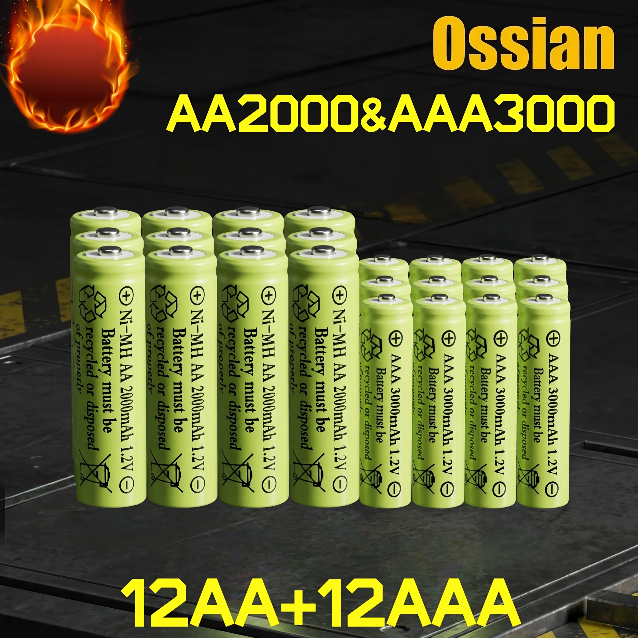 TEMU Lot de 24 piles Ossian haute puissance 1.2V Nimh ( 2000mAh et 12 AAA 3000mAh) pour télécommandes de voitures, manettes de jeux, brosses à dents