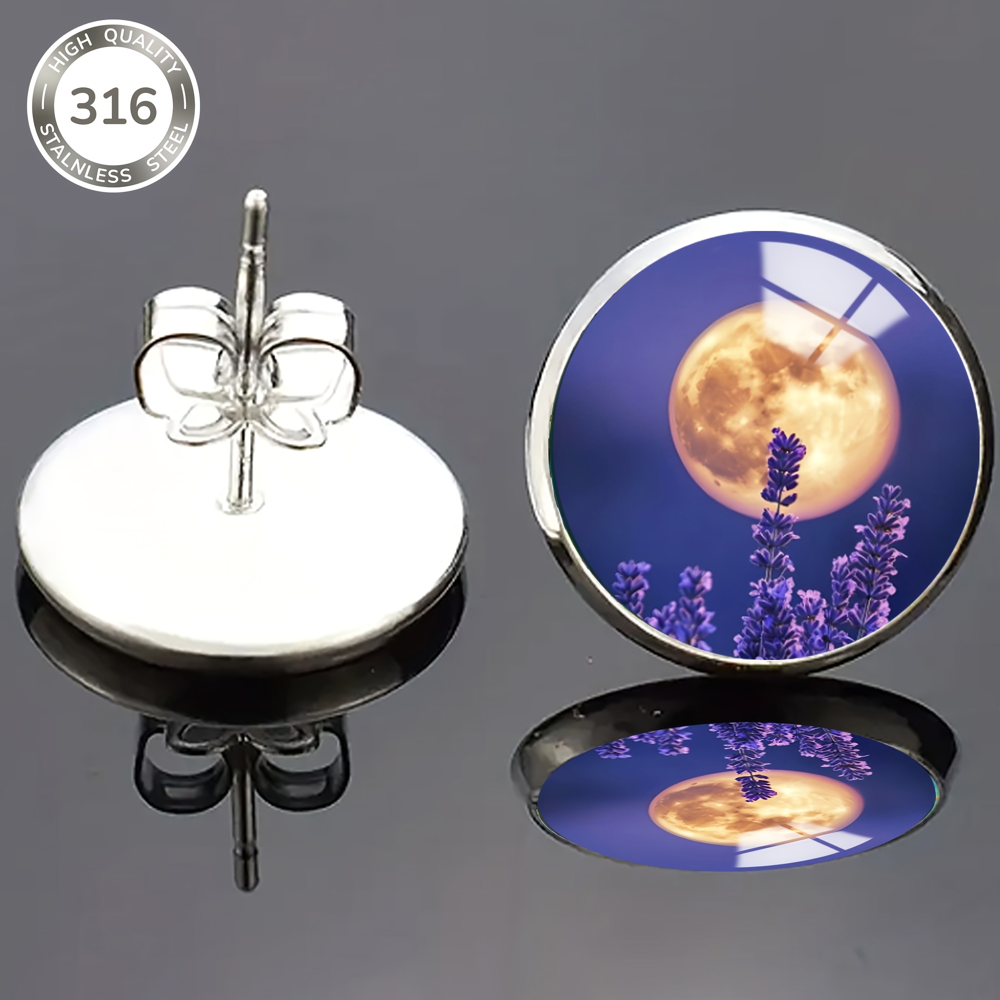 Purple Night Warm Golden Pattern Stainless Steel Stud Earrings