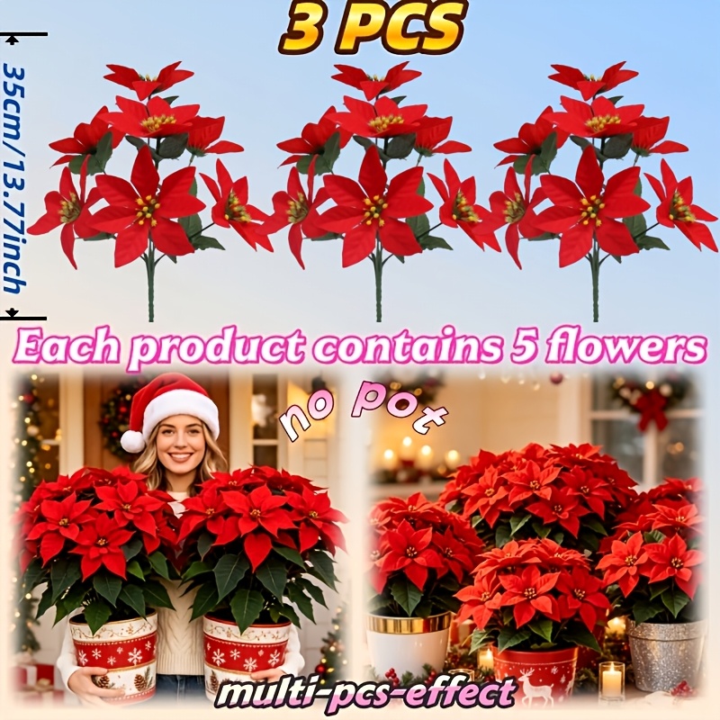 TEMU 3pcs Set Of 21 Flowers, Light Luxury Artificial Christmas Red Bouquet, Artificial Flowers Suitable For Christmas Home Decoration, Table