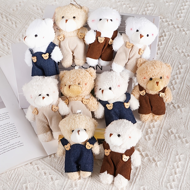 TEMU 10pcs Overalls Bear Plush Pet Toys Soft Stuffed Chew Toys With Cute Bear Button Design, Interactive Play Toys For Cats & Small Dogs, Without Battery