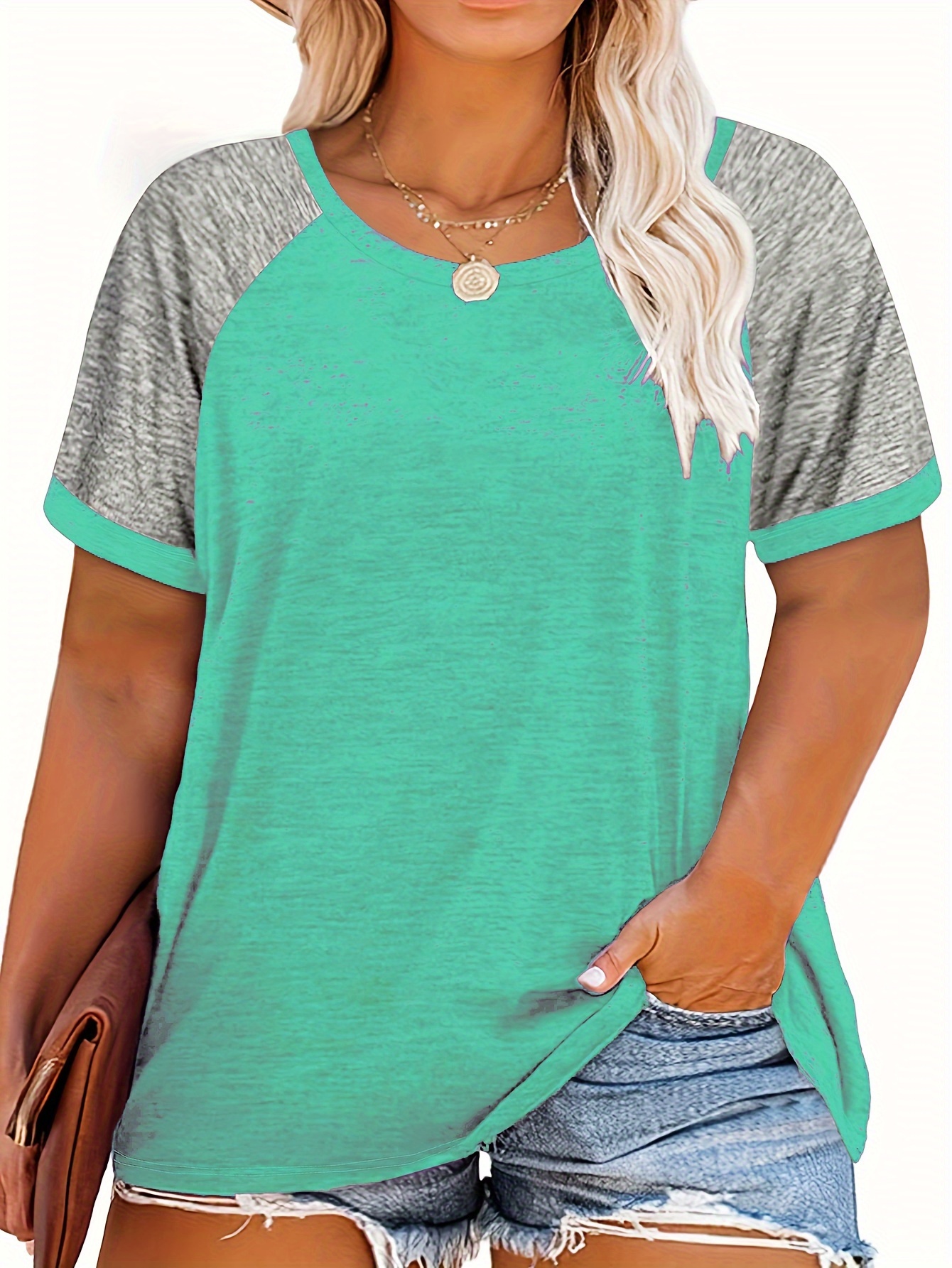 Plus Size Women's Summer Casual Raglan Color Block T-Shirt - Teal & Heather Grey Short Sleeve Loose Fit Tee, Breathable Round Neck Top for Casual Attire, Ladies T Shirts, Smooth Texture Shirt, Soft Fabric Tee