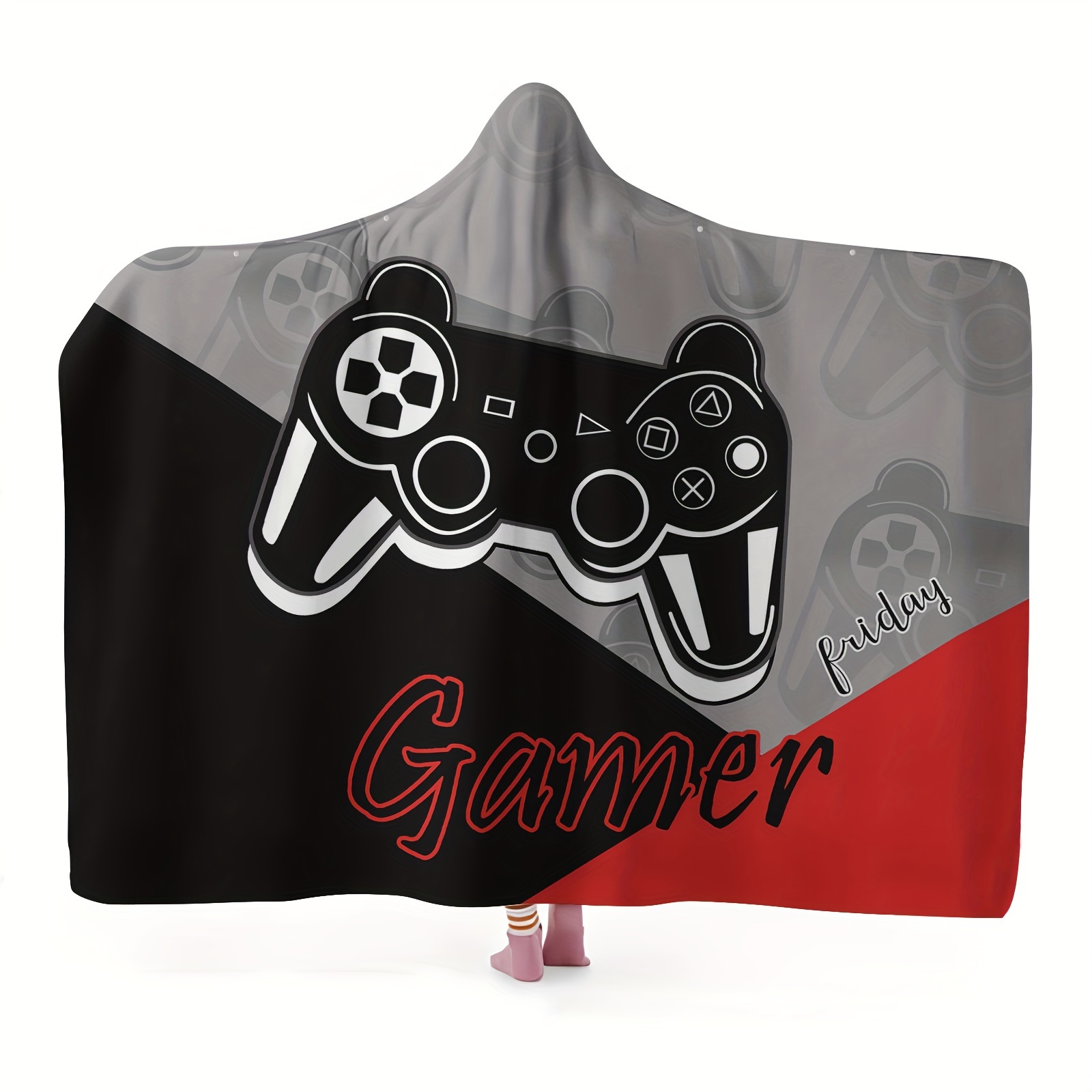 

Gamer Hooded Blanket Flannel Wearable Cape With Snap Buttons – Contemporary Style Machine Washable Polyester – Anime Themed Soft Warm Knitted Throw For Sofa, Travel,