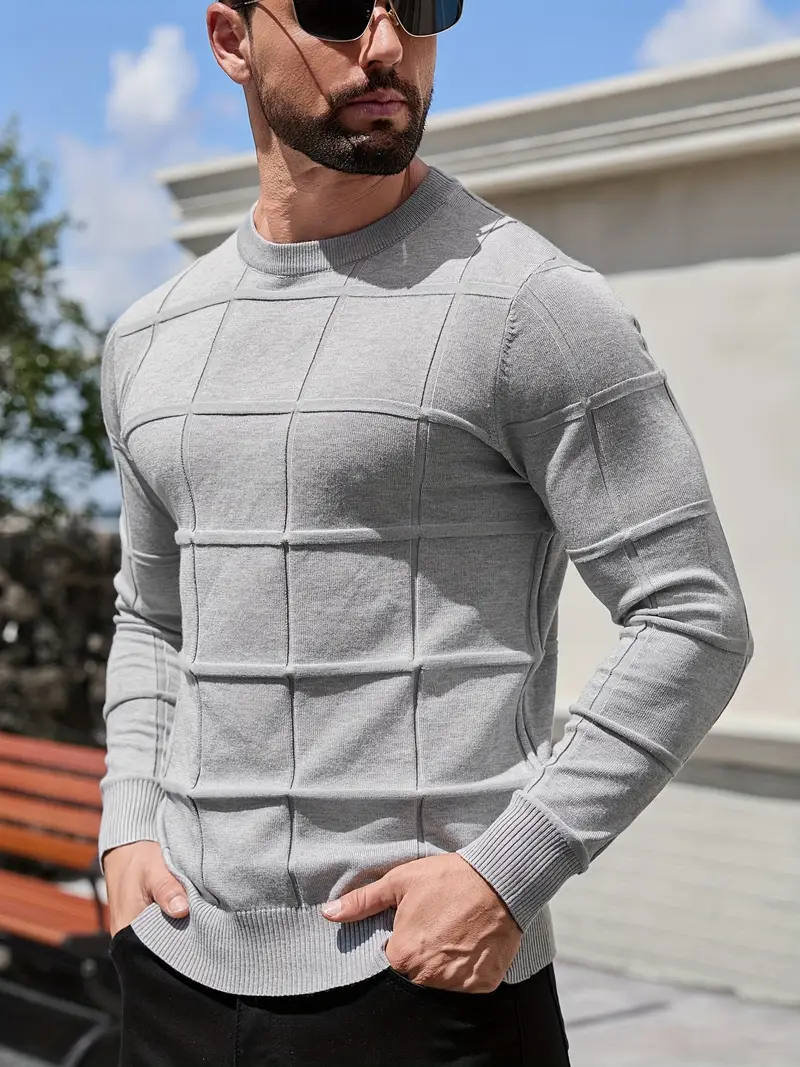 mens heavyweight 100 polyester sweater solid grey round neck long sleeve pullover with h shape silhouette ribbed neckline machine washable casual formal wear durable everyday layering essential Product details 37
