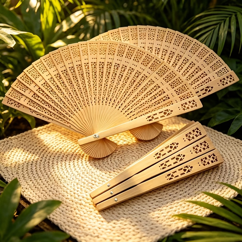 5pcs, Women's Wooden Folding Hand Fan, Vintage Chinese Hollow Carved Wooden Fan, Suitable For Weddings, Parties, And Cosplay