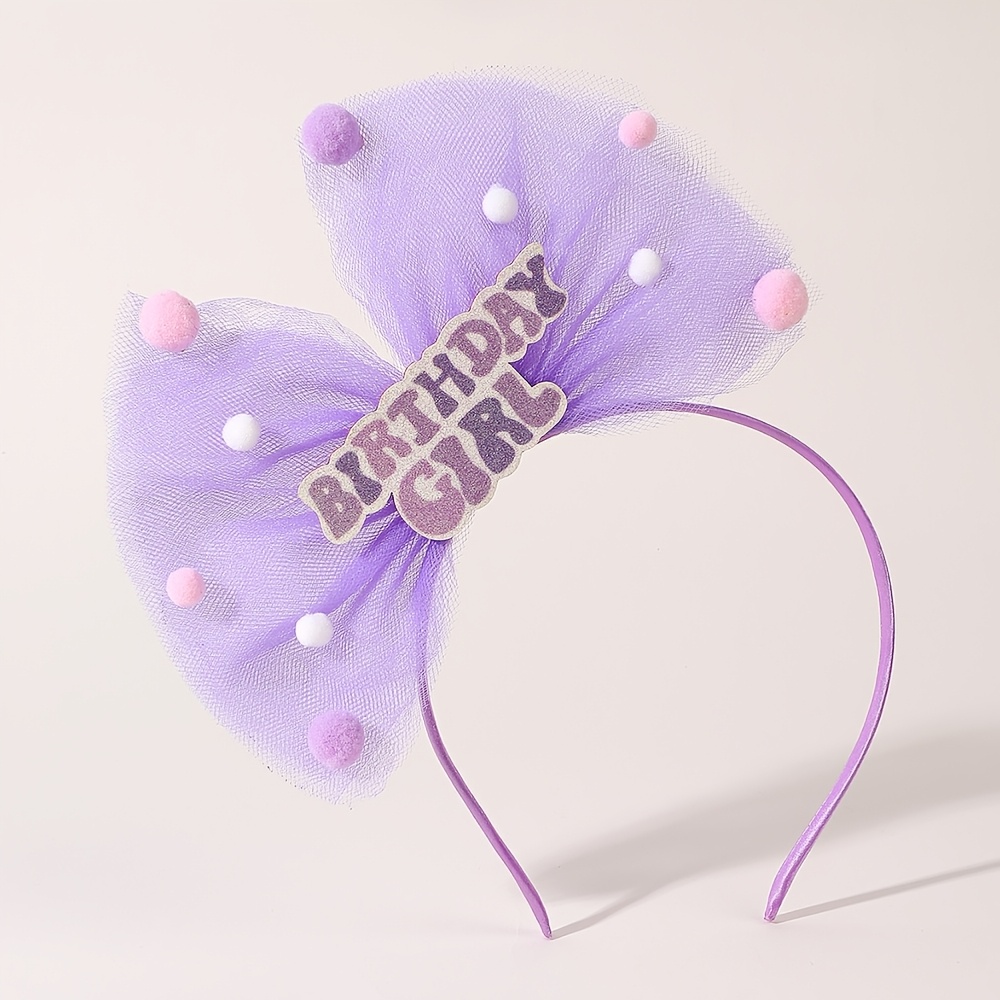 TEMU 1pc Glitter Birthday Bow Headband For Sweet Hairball Tulle Bow Hair Hoop Additions For Birthday