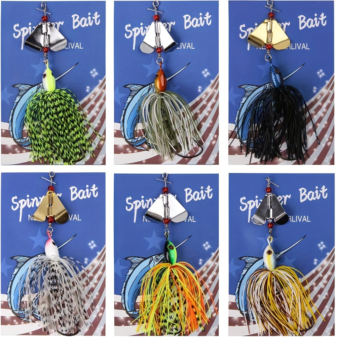 Set of 6 Multicolored Spinnerbait Fishing Lures for Bass, Trout, and Salmon, Suitable for Freshwater and Saltwater