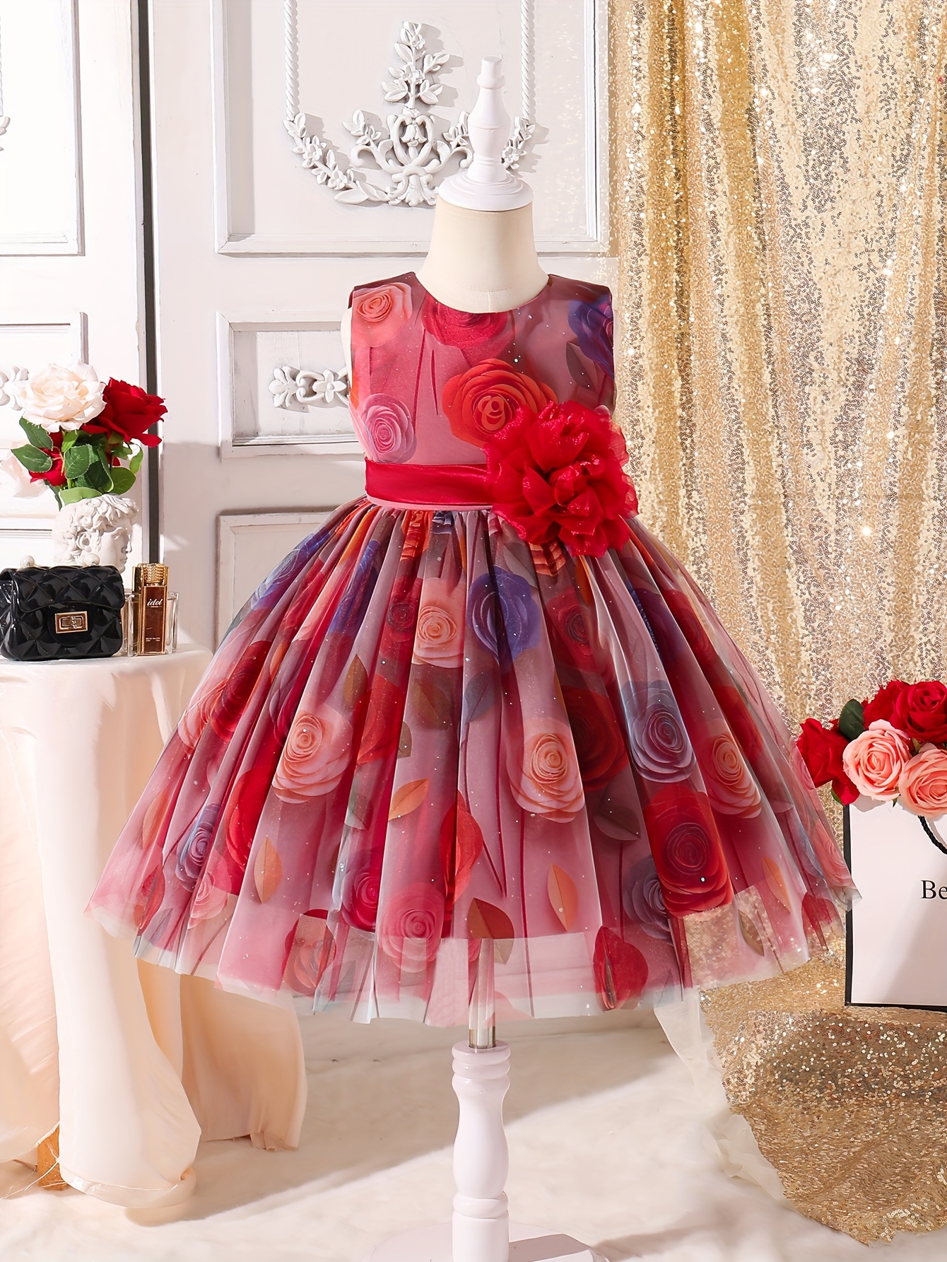 Girls' Elegant Sleeveless A-Line Princess Dance Dress with 3D Rose Flower  Print & Netting Layers - Knee-Length Wedding * * Fit Skirt for - Wear  (Polyester Blend)