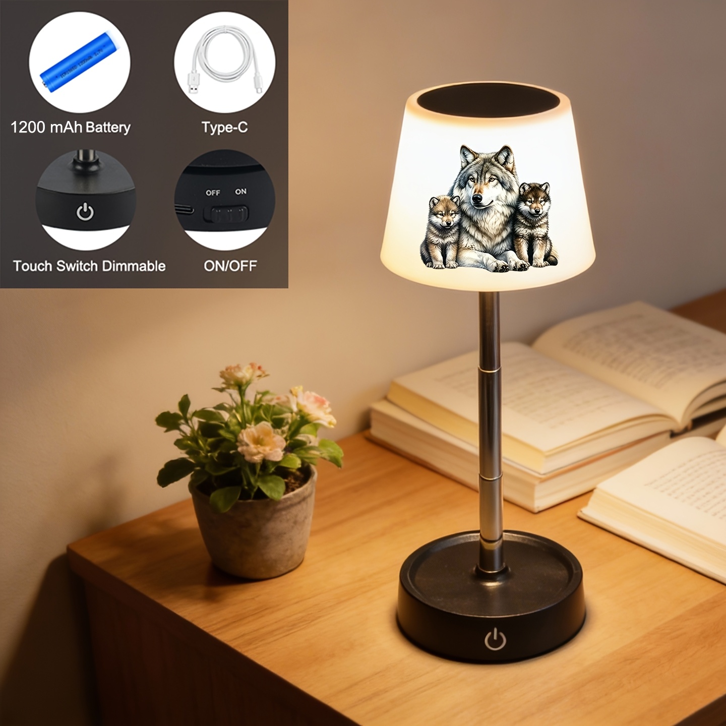 Realistic Grey Wolf with Two Cubs Print Office Lamp, Rechargeable Dimmable