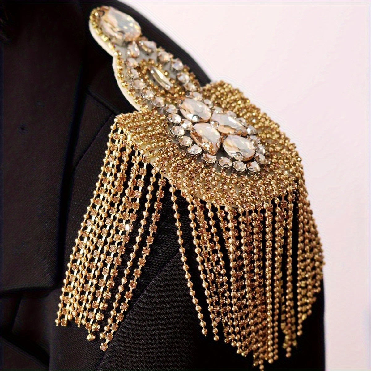 1pc Golden Metal Tassel Epaulette With Rhinestone Decoration - Fashionable Epaulette, Beaded Design, Unisex, Punk Style Accessory, Elegant Epaulette