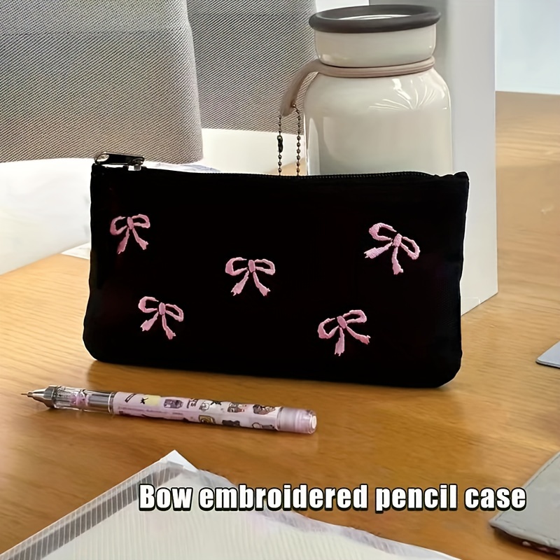 

Canvas Bow Embroidered Pencil Case, Large Capacity, Black, Cosmetic Bag, Stationery Organizer, School Supplies, Office Desk Accessory