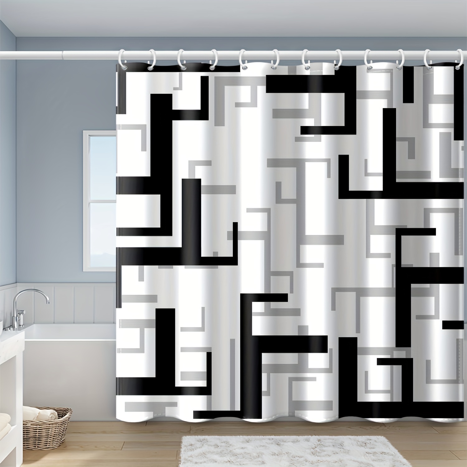 

1pc Geometric Pattern Shower Curtain, Waterproof Shower Curtain With Hooks, Bathroom Partition, Household Bathrooms And Bathtub Decorative Curtains, Bathroom Accessories