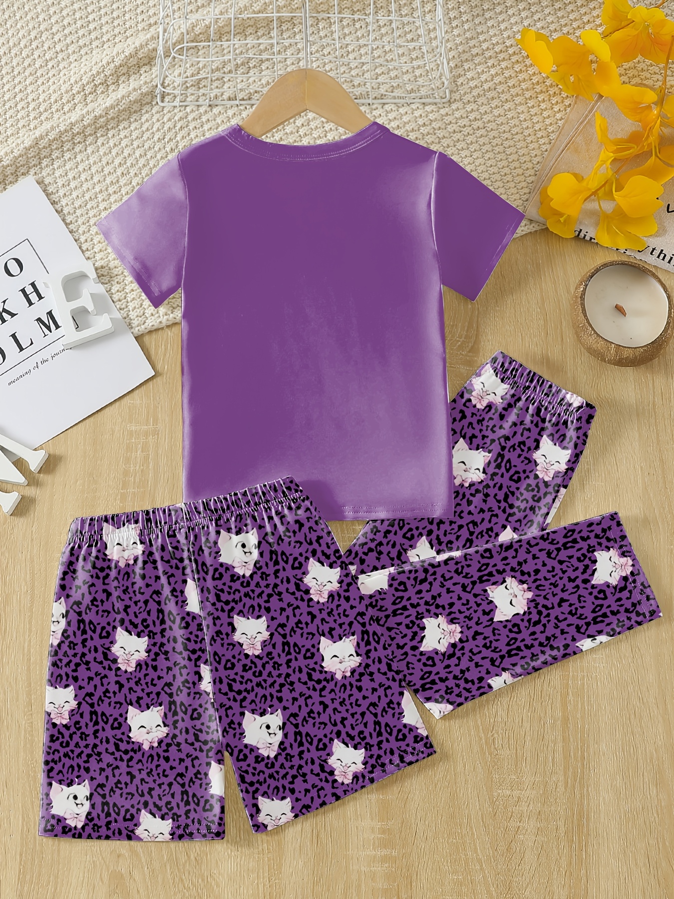 3pcs girls cute cat print pajama set knitted polyester Temu