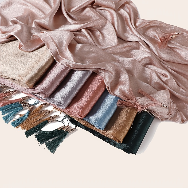 Women's Satin Solid Color Jacquard Tassel Headscarf/Bandana