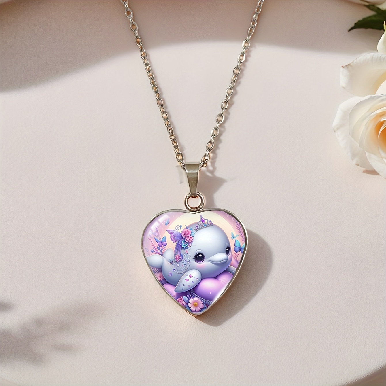 Dolphin and Butterfly Heart Shape Pendant Necklace, Unisex