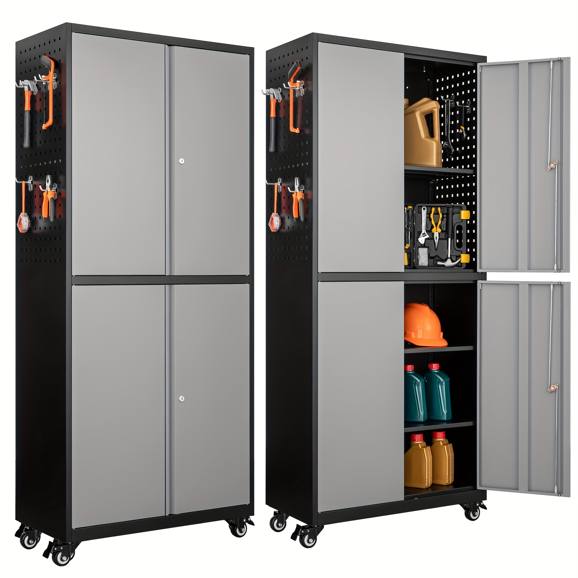 

Metal Garage Storage Cabinet With Locking Doors And Adjustable Shelves, Rolling Tool Storage Cabinet With 4 Wheels, 73" Steel Locking Cabinet For Garage, Warehouse