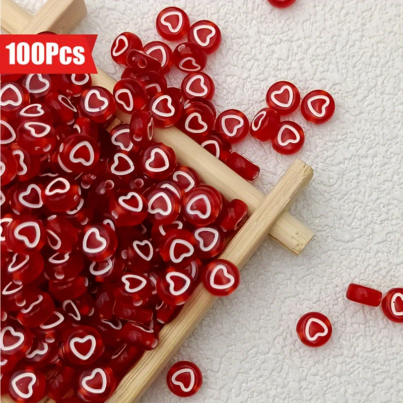 

100 Pcs Acrylic Heart Beads, Red With White Heart Pattern For Jewelry Making, Diy Crafts, Fashion Bracelets, Necklaces, Romantic Valentine's Day Gift