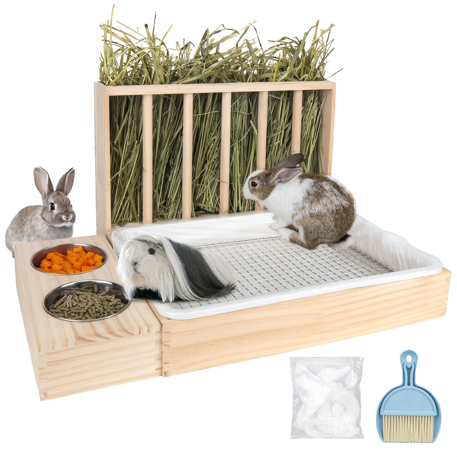 Image of 3-in-1 Rabbit Hay Feeder With Litter Box, Upgraded Wooden Hay Feeder Set For Guinea Pig Chinchilla Bunny Other Small Animals, And Large Capacity And Preventing Waste, Without Battery