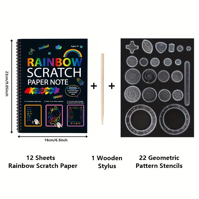 Image of Magic Paper Notebook With 22 Geometric Pattern Stencils And 1 Scratch Pen - Art Supplies For Children Ages 3-4-5-6-7-8, Party Favors, Travel Activity Toys