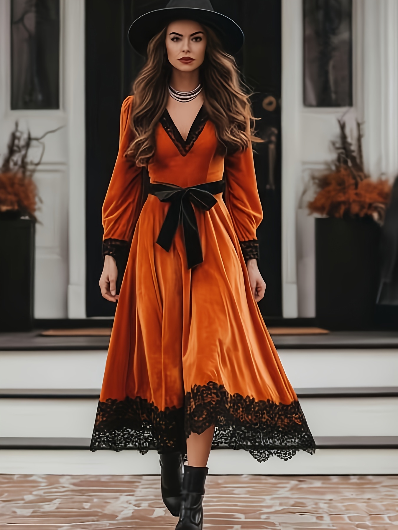 red velvet dress with black lace I.H.F RED ROUND NECKLINE DRAPED VELVET GOWN WITH Black LACE