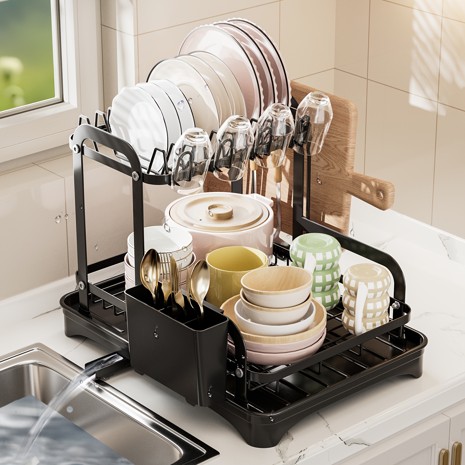 

1pc Dish Rack, 2 Tiers Dish Draining Rack, Anti-rust Multifunctional Dish Rack, Utensil Rack With , , Cutting Board, Knife And Fork Holder, For Kitchen Countertop, Kitchen Accessories