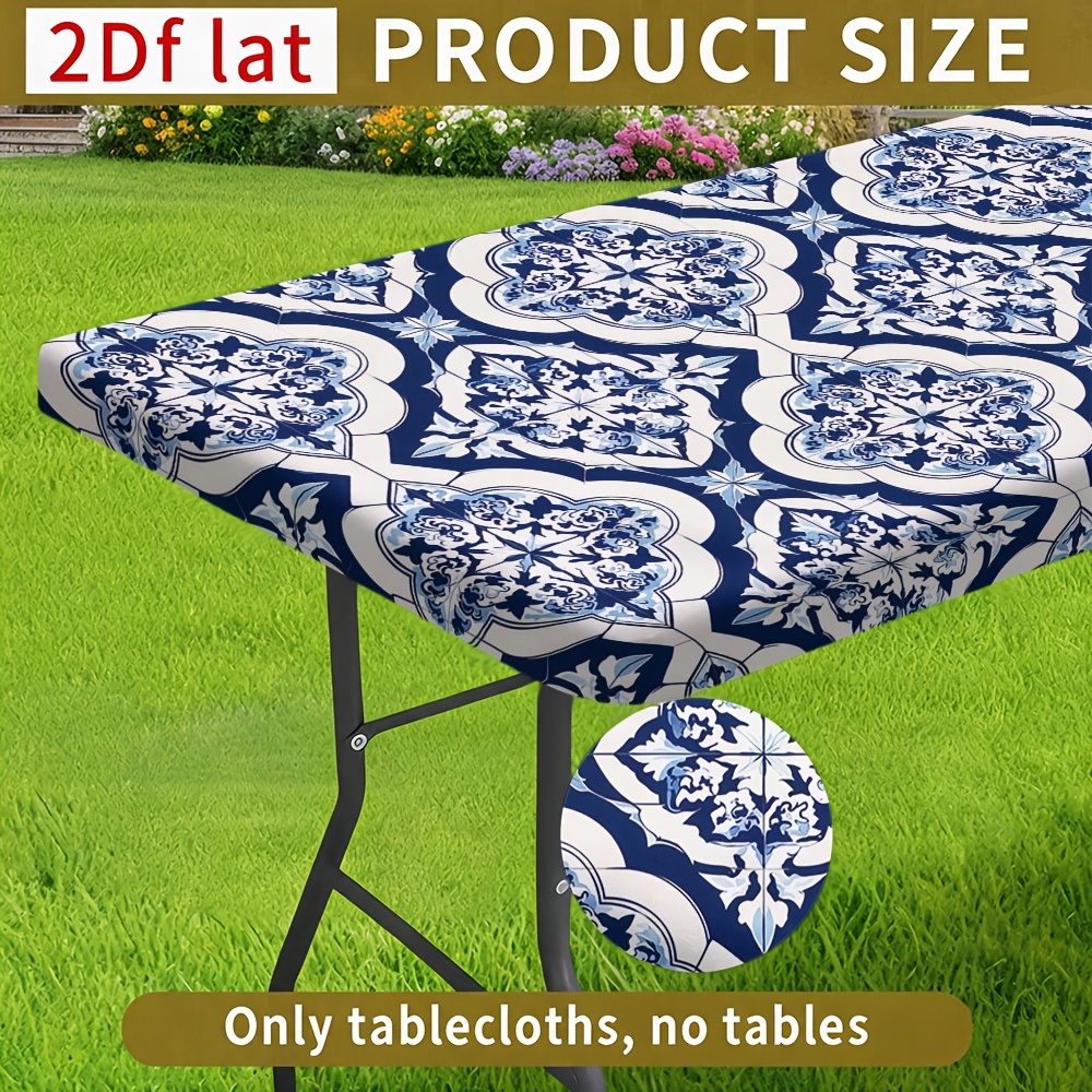 TEMU 2026 New Rectangular Stretch Tablecloth, 1pc, Design Tablecloth With And White Floral Pattern, Elegant Decor For Your Dining Table, Suitable For