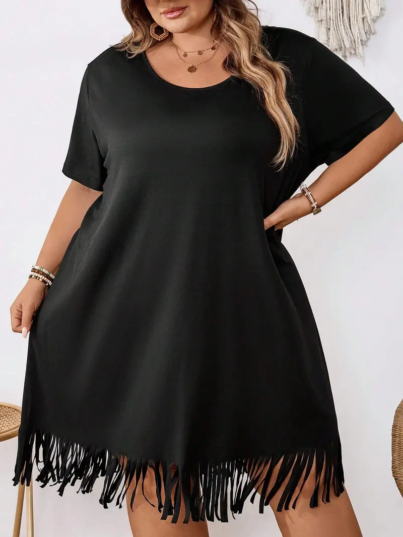 black fringe dress plus size Final Sale Plus Size Strapless Fringe Dress in Black