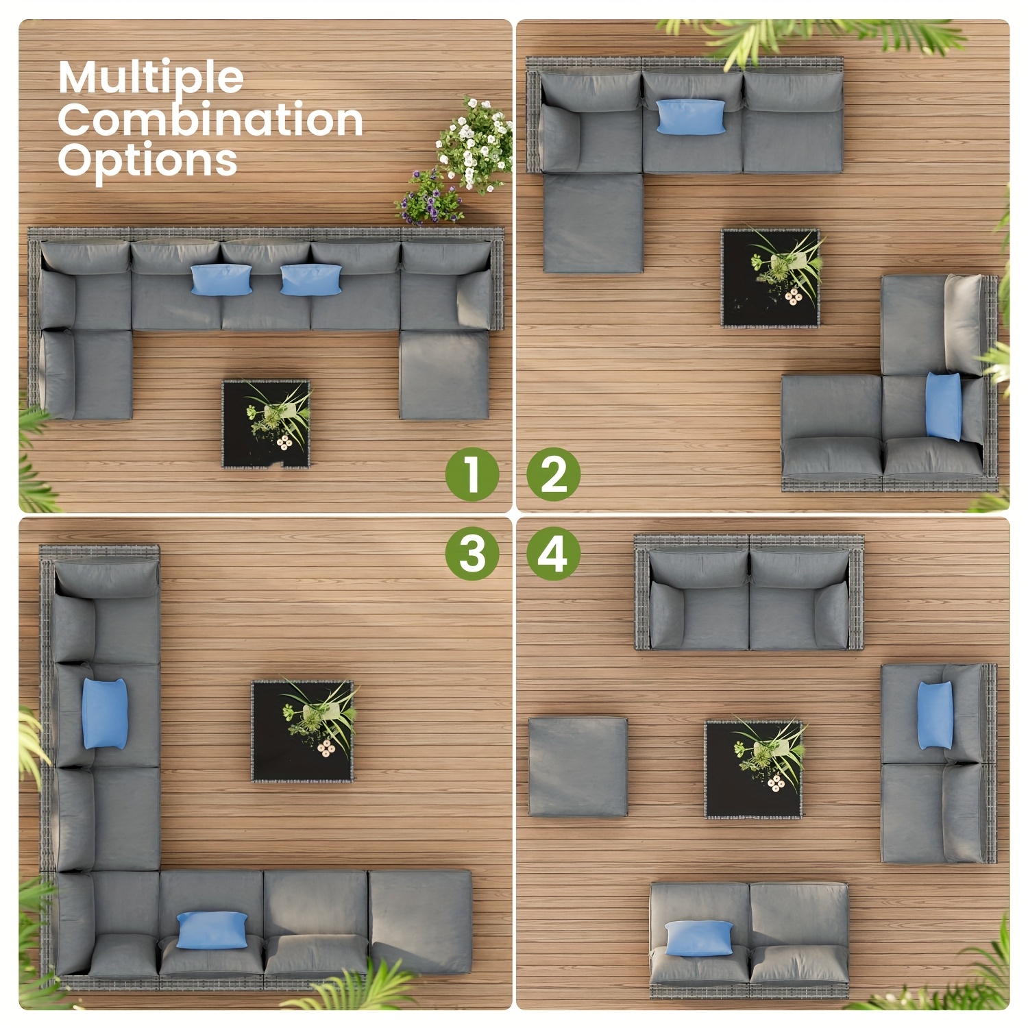 8pcs Modern Outdoor Patio Furniture Set, Rattan Sectional Sofa with Metal Top and Extra Deep Seats, Grey, Patio Seating Set|Modern Outdoor Sofa|Woven Rattan Material