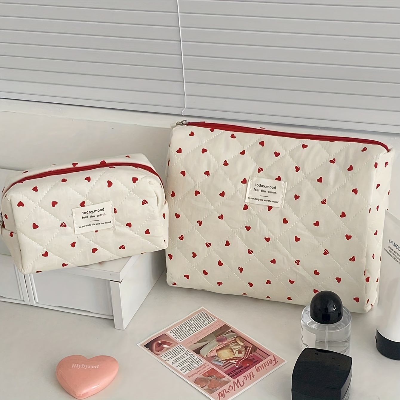 TEMU Cute 2- Or 3pcs Instagram-style Red Heart Print Quilted Travel Toiletry Bag, Large Capacity Women's Makeup Bag, Foldable And Durable Cosmetic