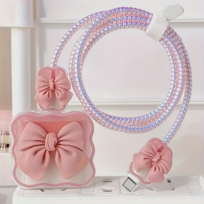Image of 5pcs 3d Pink Bow Charger Protector Case For 20w For Iphone 12/13/14 Pro Max - Charging Cable Break Prevention Additions Set