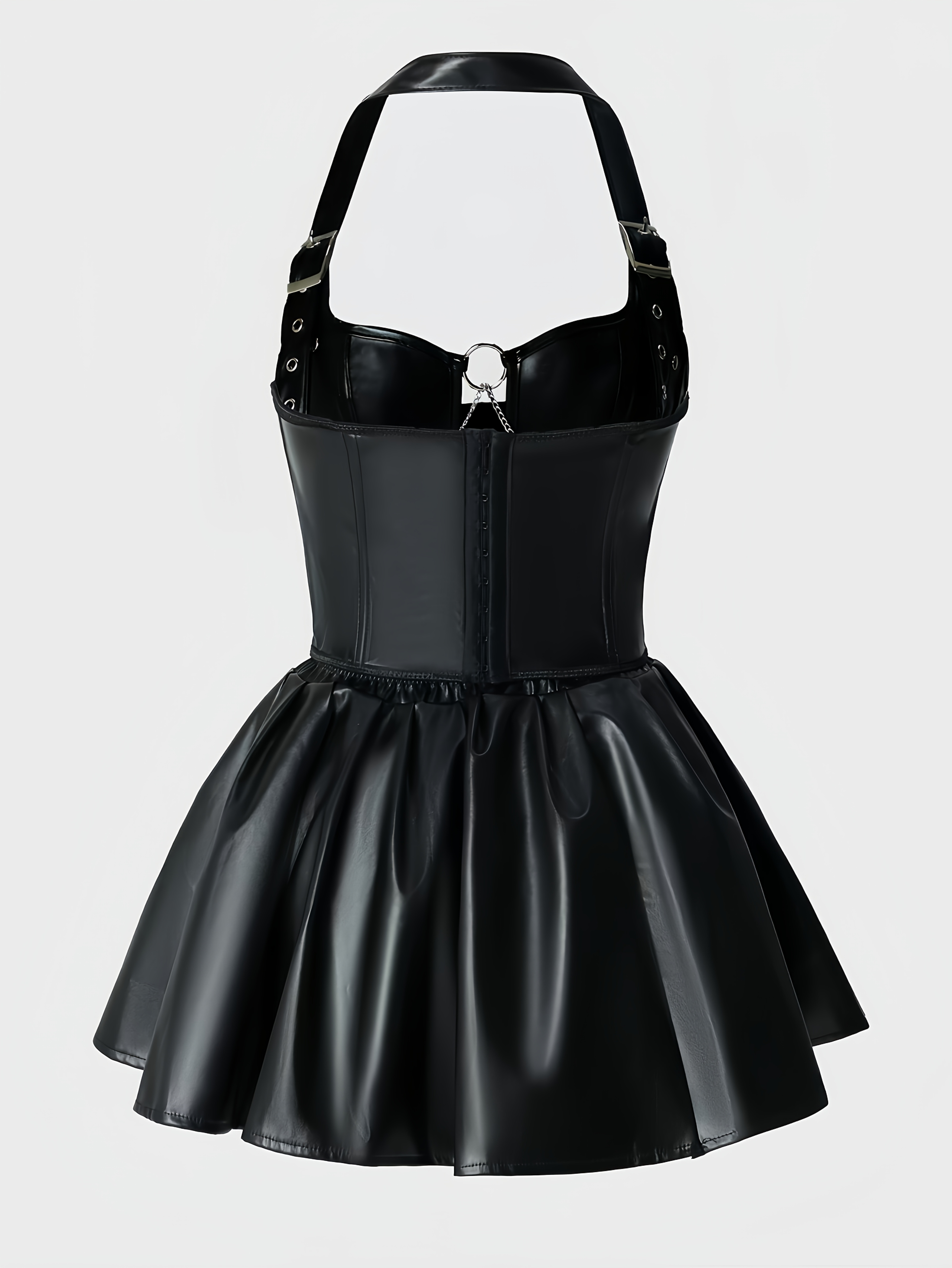 1pc Y2K Style Women'S Faux Leather Corset and Pleated Skirt Set, Sexy Hollow-Out Front with Metal Chain Detail, Cross Lacing Charm, Deep V-Neck, Stretch Fabric, Solid Color, All Seasons