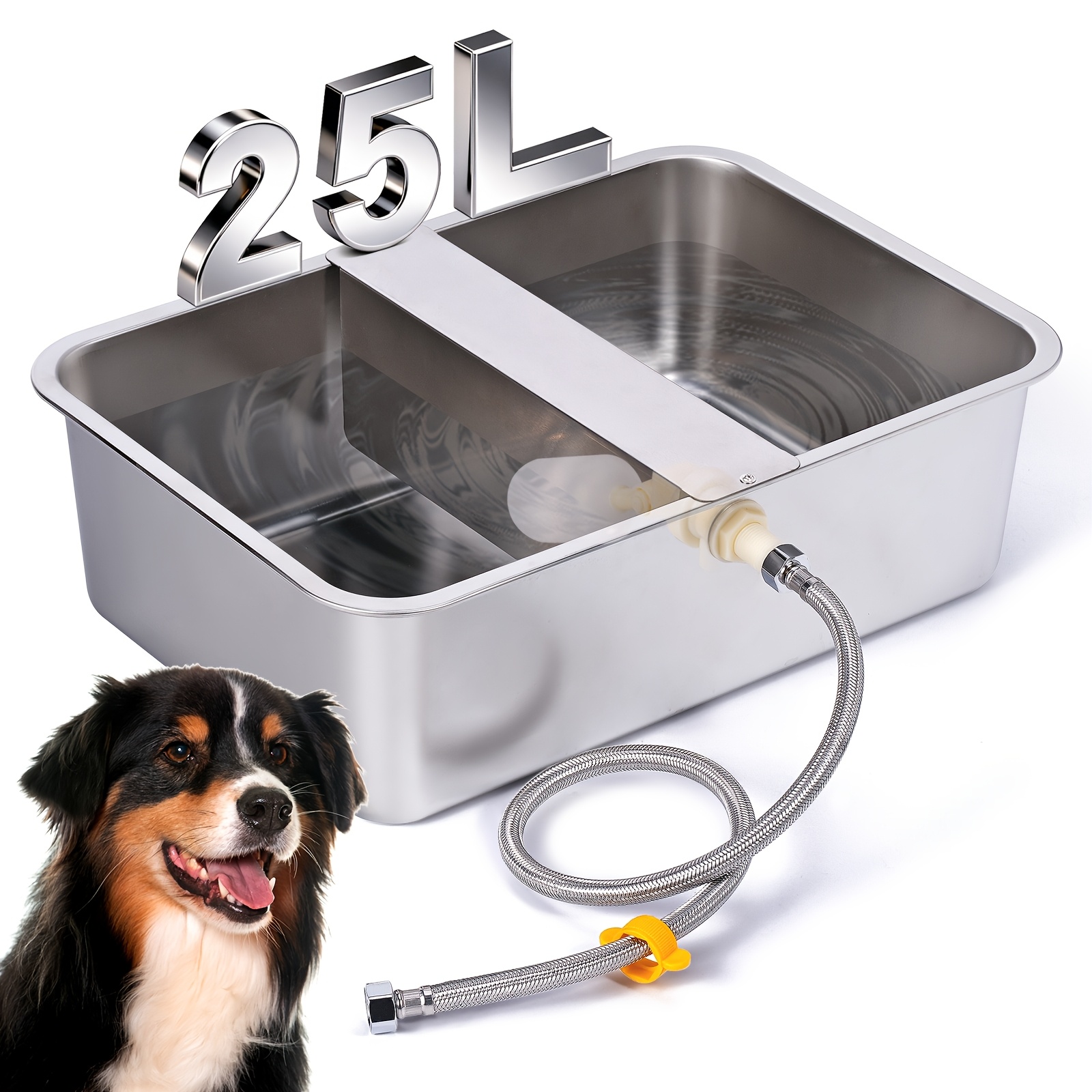 25l Large Capacity Stainless Steel Automatic Dog Waterer With Float Valve, Heavy Duty Pet Waterer For Multiple Pets And Livestock, Includes Braided Hose And Anti-slip Mat, Indoor/outdoor Use