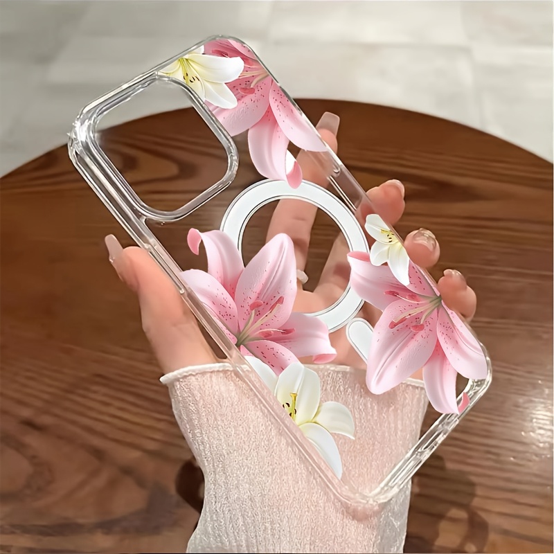 TEMU Phone Case: Phone Case - 1pc Pink And Flower Magnetic Wireless Charging Drop-proof Soft Protective Case, Suitable For Iphone