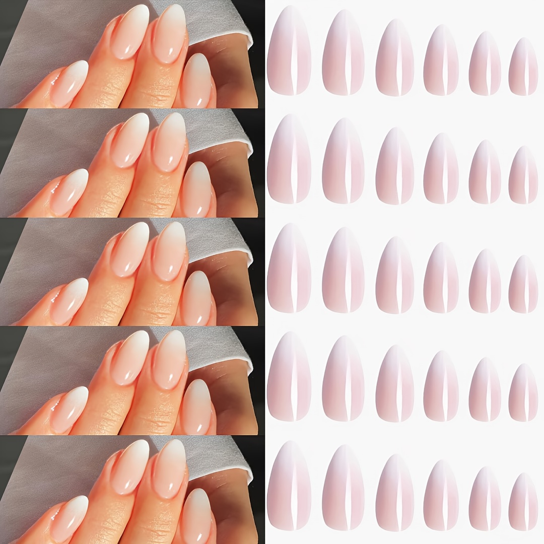 Image of 216pcs Of Short Almond-shaped Press-on Nails, Featuring A Pink And White Ombre Design In 12 Different Sizes, A Easy And Versatile Style Ideal For Women
