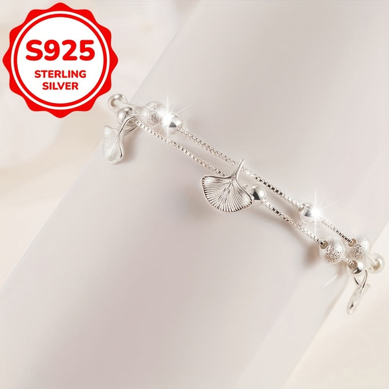 Women's S925 Sterling Double-Layer Ginkgo Leaf Pendant Bracelet