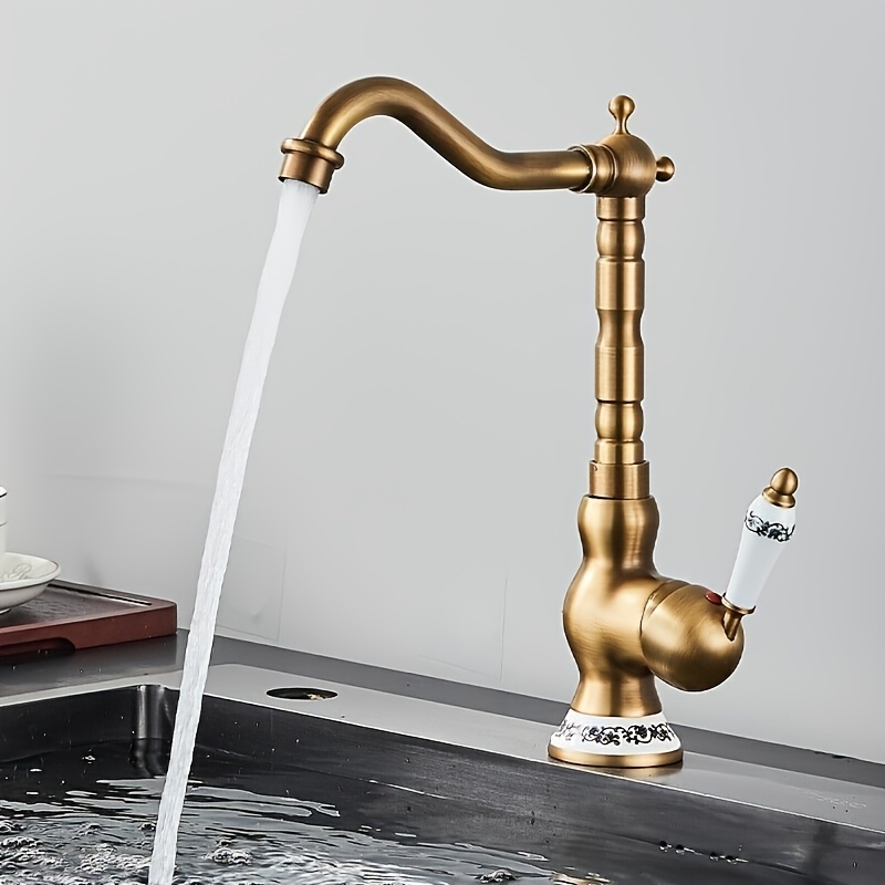 Vintage Kitchen Faucet With A Feature For Hot And Cold Water (aged Brass End)
