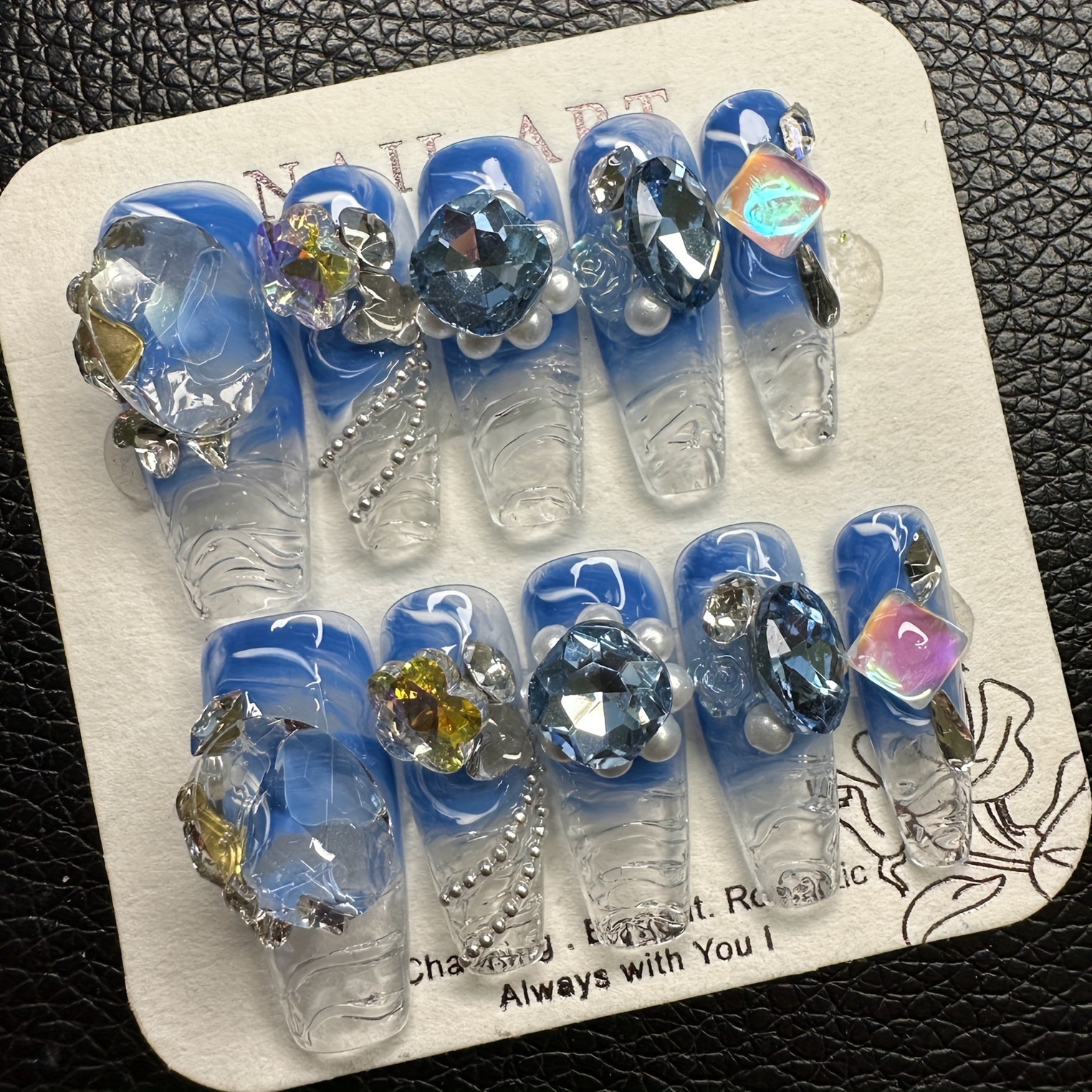 

X67 Blue Star River Glass Explosion Shining Nail Enhancement, Press On Nails, For Women Nail Art Design